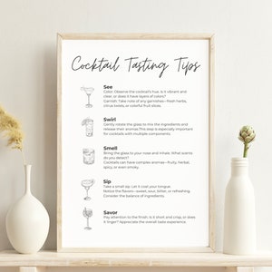 Consejos para degustar cócteles, hoja de trucos, guía, póster, letrero, imprimible, despedida de soltera, fiesta de degustación de cócteles en casa, regalo de mixología, decoración de bar, arte