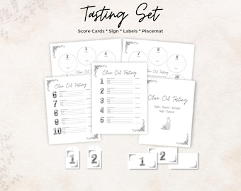Olive Oil tasting party kit, scorecard, bottle tags, placemat, sign, 10 Olive Oils, date night game, gift, printable, rate, set bundle