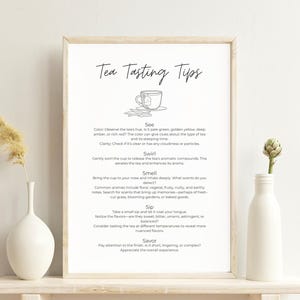 Può includere: Un poster stampabile con illustrazioni in bianco e nero e testo che fornisce suggerimenti per la degustazione del tè. Il testo include i passaggi: Guarda, Gira, Annusa, Sorseggia e Assapora.