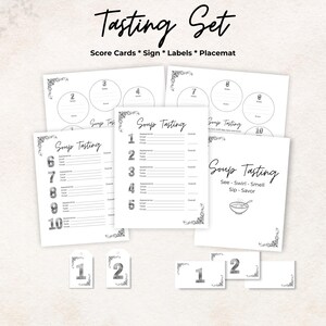 Soup tasting kit, scorecard, label tags, placemat, sign, 10 Soups, bachelorette party game, gift, printable, rate, set bundle