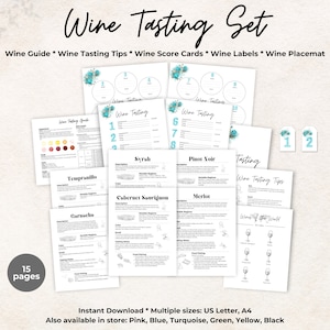 Guia de degustação de vinhos, cartão de referência de uvas vermelhas, folha de dicas, cartão de pontuação, jogo americano, etiquetas de garrafas, placa, turquesa, 10 vinhos, dicas, decoração de bar, arte