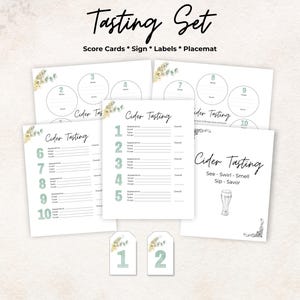 Kit de degustação de cidra, cartão de pontuação, etiquetas para garrafas, jogo americano, placa, verde, 10 cidras, jogo para despedida de solteira, presente, para impressão, taxa, conjunto