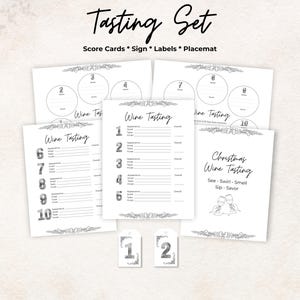 Kit de degustação de vinhos de Natal, cartão de pontuação, etiquetas para garrafas, jogo americano, placa, 10 vinhos, despedida de solteira