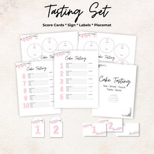 Kit de dégustation de gâteaux, carte de pointage, étiquettes, set de table, enseigne, rose, 10 gâteaux, jeu rencard, cadeau, imprimable, taux, lot