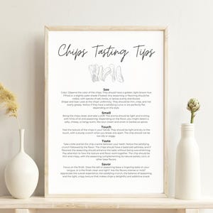 Consejos para degustar patatas fritas, hoja de trucos, guía, póster, letrero, imprimible, despedida de soltera, degustación de patatas fritas en casa, decoración de bar, arte mural de cocina