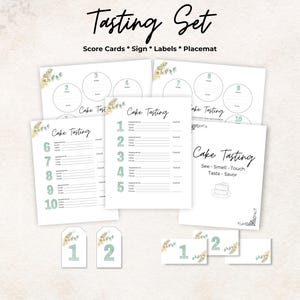 Kit de degustação de bolos, cartão de pontuação, etiquetas, jogo americano, placa, verde, 10 bolos, jogo de despedida de solteira, presente, para impressão, taxa, conjunto de pacotes