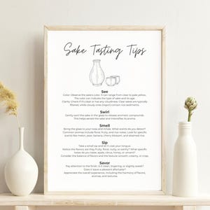 Sake-proeftips, spiekbriefje, gids, poster, bord, afdrukbaar, vrijgezellenfeest, thuissake-proeverij, bardecor, keukenmuurkunst