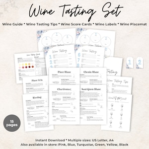 Pode incluir: Um conjunto de degustação de vinho imprimível com 15 páginas. O conjunto inclui um guia de vinho, dicas de degustação de vinho, cartões de pontuação de vinho, rótulos de vinho e um tapete de vinho. As páginas são decoradas com um design floral de aquarela em tons de azul e cinza.
