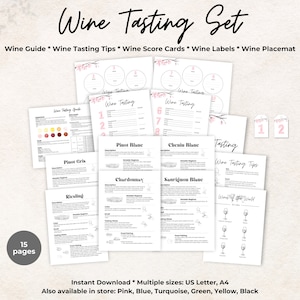 Wijnproeverijgids referentiekaart witte druif, spiekbriefje, scorekaart, placemat, flessenlabels, bord, roze, 10 wijnen, tips
