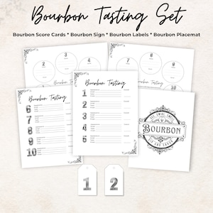 Bourbon tasting party kit, scorecard, bottle tags, placemat, sign, black, 10 Bourbons, date night game, gift, printable, rate, set bundle