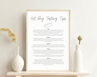 Consejos para degustar perritos calientes, hoja de trucos, guía, póster, letrero, imprimible, despedida de soltera, degustación de perritos calientes en casa, decoración de bar, arte mural de cocina