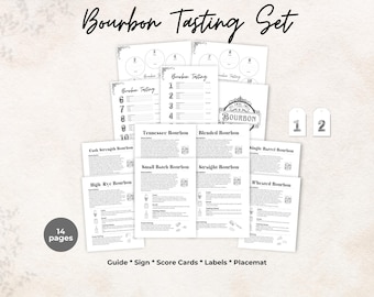 Bourbon tasting party kit, scorecard, bottle tags, placemat, sign, black, date night gift, Bar Cart Decor, Kitchen Wall Art, Bachelor party