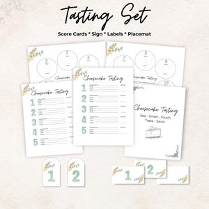 Kit de dégustation de gâteau au fromage, carte de pointage, étiquettes d'étiquettes, napperon, enseigne, vert, 10 gâteaux au fromage, jeu d'enterrement de vie de jeune fille, cadeau, imprimable, taux, ensemble
