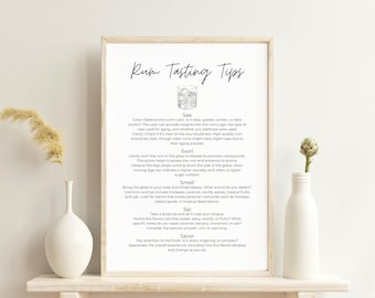 May include: A printable poster with the title "Rum Tasting Tips" and instructions on how to taste rum, including steps for seeing, swirling, smelling, sipping, and savoring the rum.