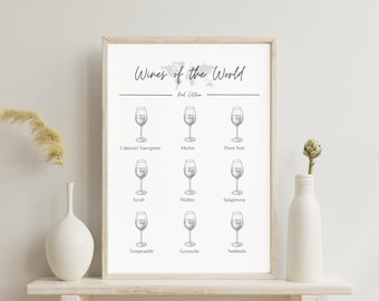 Wines of the world guide, bar cart print, kitchen wall art, drinks poster, printable, date night, home nine red wine tasting sign