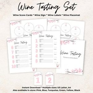 Kit per degustazione vini, segnapunti, etichette per bottiglie, tovaglietta, cartello, rosa, 10 vini, serata romantica