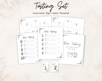 Beer tasting party kit, scorecard, bottle tags, placemat, sign, 10 Beers, date night game, gift, printable, rate, set bundle