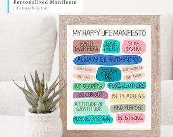 Happy Life Manifesto Template, Write Your Manifesto to Create Happiness, Self Care, Self Love, Affirmations, Life Goals, Mindset, Wellbeing