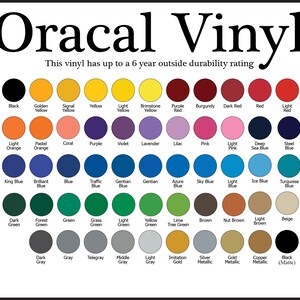 Peut inclure: Un nuancier de couleurs de vinyle Oracal avec des noms et des descriptions pour chaque couleur. Ce vinyle a une r&eacute;sistance &agrave; l'ext&eacute;rieur allant jusqu'&agrave; 6 ans.