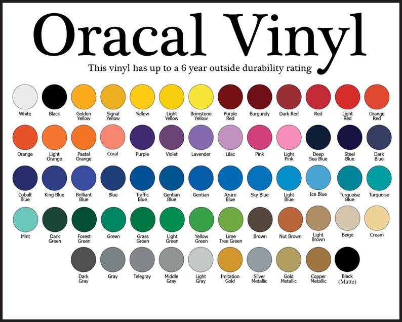 Peut inclure: Un nuancier de couleurs de vinyle Oracal avec des noms et des descriptions pour chaque couleur. Ce vinyle a une r&eacute;sistance &agrave; l'ext&eacute;rieur allant jusqu'&agrave; 6 ans.