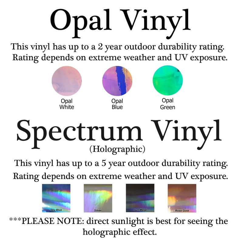 Peut inclure: Un tableau comparant deux types de vinyle&nbsp;: le vinyle Opal avec une durabilit&eacute; ext&eacute;rieure de 2&nbsp;ans et le vinyle Spectrum avec une durabilit&eacute; ext&eacute;rieure de 5&nbsp;ans. Les deux types de vinyle sont holographiques et disponibles dans une vari&eacute;t&eacute; de couleurs. Le texte&nbsp;&laquo;&nbsp;REMARQUE&nbsp;: la lumi&egrave;re directe du soleil est id&eacute;ale pour voir l&rsquo;effet holographique&nbsp;&raquo; figure en bas du tableau.