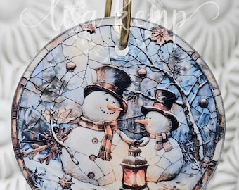 Ornement décoratif hivernal en faux vitrail bonhomme de neige