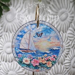 Summer Ocean Sailboat Faux Stained Glass Sailboat Ornament