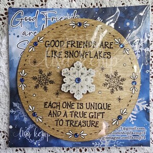 Snowflake Friendship Magnet: Laser Cut Wood with Swarovski Crystals