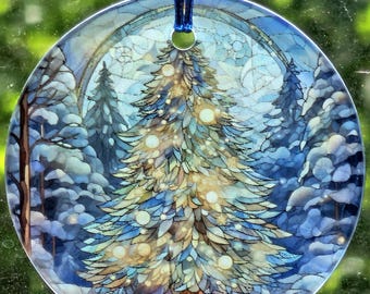 Blue Glass Christmas Tree Ornament: Faux Stained Glass Suncatcher