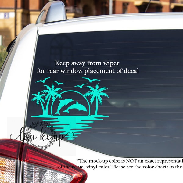 Ocean Sunset with 2 Dolphins, Palms & Birds Decal, Car Window Decal, Laptop Decal