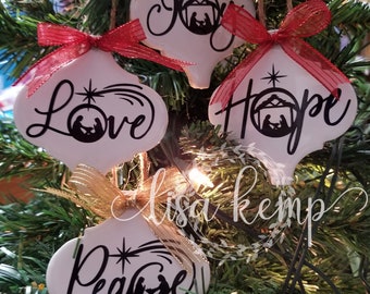 Joy, Love, Peace, Hope, Believe, Blessed or Christ Mini Ceramic Arabesque Tile Ornaments