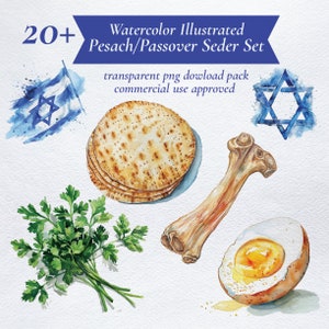 Può includere: Illustrazioni ad acquerello di oggetti per la cena di Pasqua ebraica, tra cui matzah, prezzemolo, un osso arrosto, un uovo sodo e una stella di David blu. Il testo "20+ Pesach/Passover Seder Set" è in alto nell'immagine. Il testo "transparent png dowload pack commercial use approved" è in basso nell'immagine.