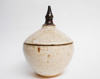 Trinket pot Lidded Satin Speckled Cream and bronze Ceramic.