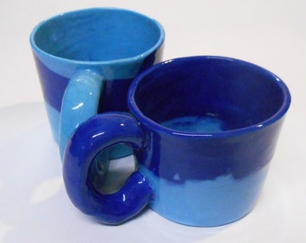 Mugs Set of Two smaller Shiny Two tone Blue glazed ceramic, Espresso cups.
