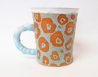 Mug, stunning Textured Turquoise Sky Blue Dotty with shiny White interior.