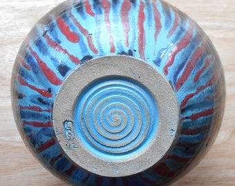 Ceramic Bowl, Red, white and Blue animal print handpainted, white interior wheel thrown stoneware.