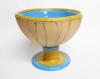 Bowl Stunning unique Mustard and Neon Blue stoneware stemmed Centrepiece.
