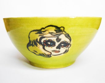 Ceramic Bowl, Yellow Four Mexican Day of the dead Faces, handpainted wheel thrown stoneware.