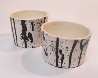 Tumblers Set of Two smaller Shiny Black Pollock Splatter glazed ceramic, Espresso cups.