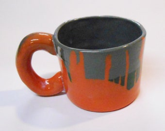 Mug smaller Shiny Coral pink and green glazed ceramic, Espresso cup.