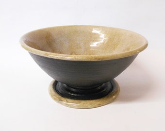 Ceramic Bowl, Rustic black clay Cream mottled glaze Centrepiece.