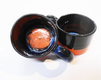 Mugs Set of Two smaller Shiny Black and Coral glazed ceramic, Espresso cups.