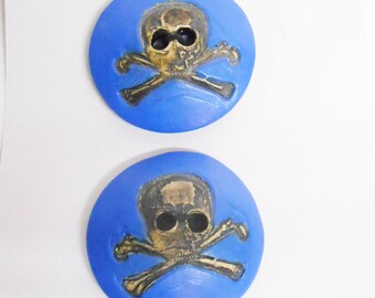 Buttons, Satin Bright Blue background domed with Black skull inscribed Ceramic.