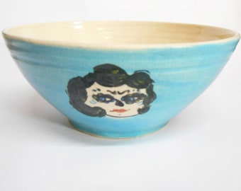 Ceramic Bowl, Blue Four Mexican Day of the dead Faces, handpainted wheel thrown stoneware.