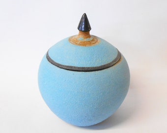 Trinket pot Lidded Satin Turquoise Blue  and bronze Ceramic.