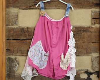 Womens Shabby Chic Tunic Top Dress Upcycled Patchwork Lagenloook Hippie Clothes Boho Chic Clothing Country Style Mori Girl Plus size