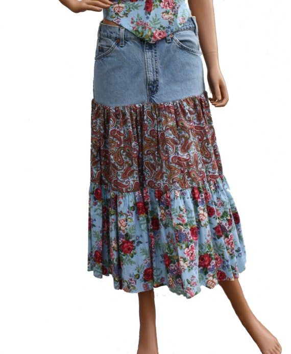 Items similar to Custom Upcycled Denim Skirt Tiered Womens Skirt ...