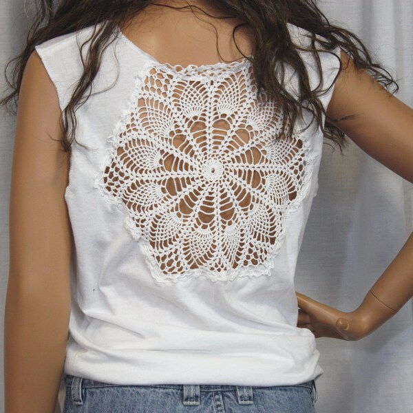 Upcycled Tshirt Doily Repurposed Tee White Lace Doily Boho Chic Style Altered T shirt  Small Medium