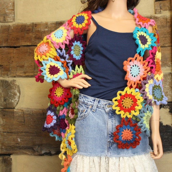 Crochet Wrap Shawl Boho Chic Hippie Patchwork Shawl  Rainbow Flowers Wrap Womens Bohemian Clothing Custom Made to Order