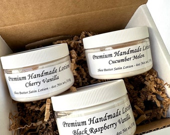 Shea Butter Lotion - Unisex Handmade Luxury Fruit Scented Satin Body Hand Cream - Cucumber Melon - Raspberry - Cherry Vanilla